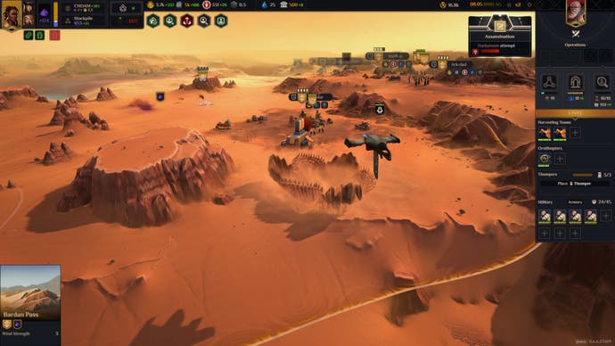 Dune Spice wars screenshot showing a giant sandworm swallowing a unit caught on the open sand
