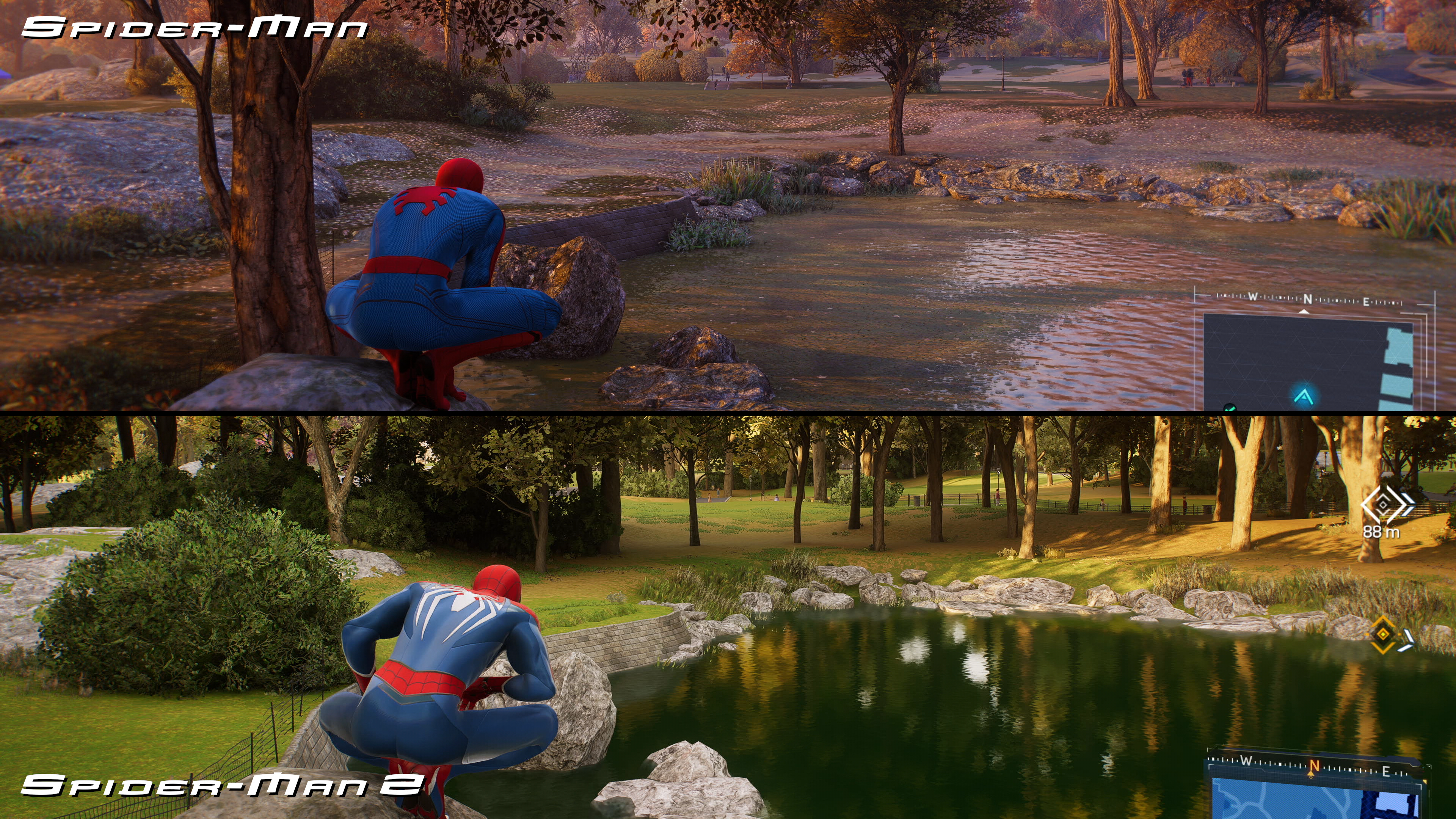 Spider-Man 2&rsquo;s Central Park exhibits more realistic water reflections and shadowing under wooded areas.