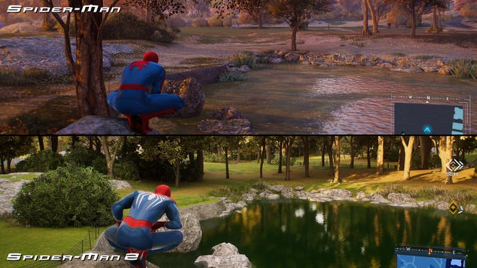 Spider-Man 2's Central Park exhibits more realistic water reflections and shadowing under wooded areas.