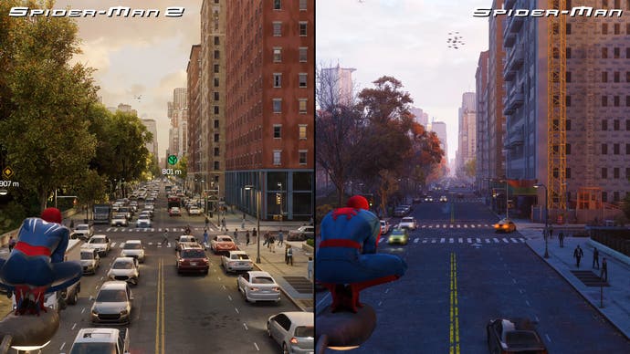 a comparison between the original marvel's spider-man and spider-man 2 games, showing an increase in car and pedestrian density at identical spots