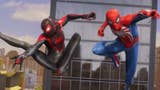 A screenshot from Marvel's Spider-Man 2 showing Miles Morales and Peter Parker in their Spider suits posing dramatically mid-air.
