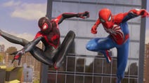 A screenshot from Marvel's Spider-Man 2 showing Miles Morales and Peter Parker in their Spider suits posing dramatically mid-air.