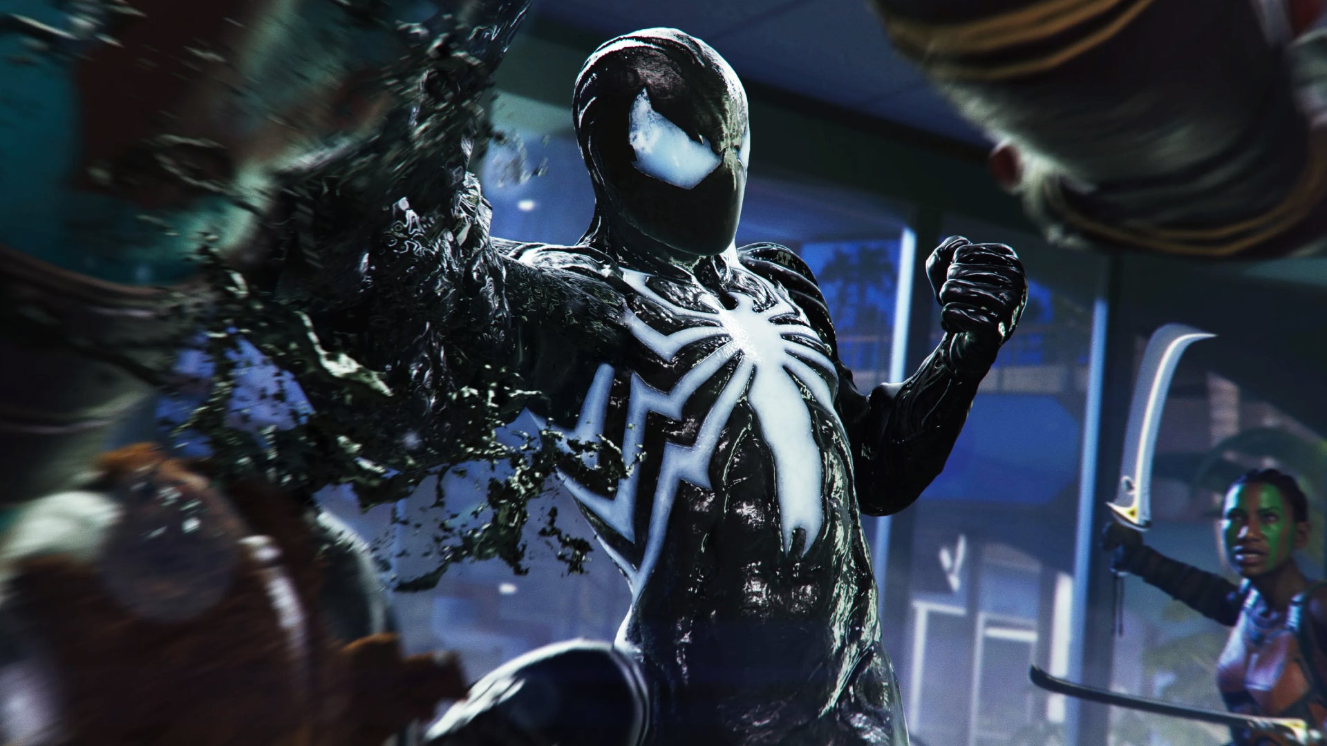 Spider-Man, in the famous black suit (powered by Venom), beats off some would-be attackers. - 1