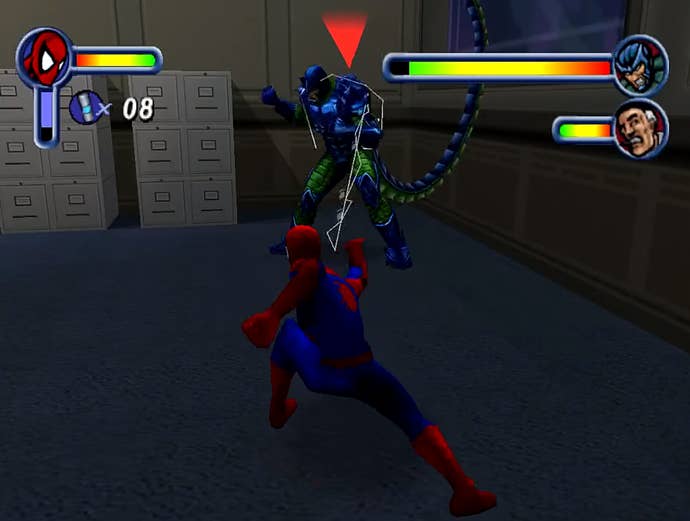 Spider-Man fights with Scorpion inside an office building