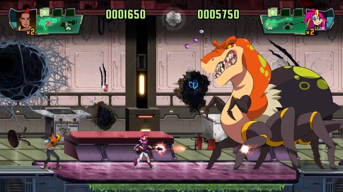 Spidersaurs is a run’n’gun action game about mutant dinosaurs from developers WayForward.