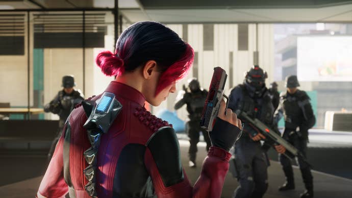 A woman holds up a gun as she prepares to fight a group of guards in Spine