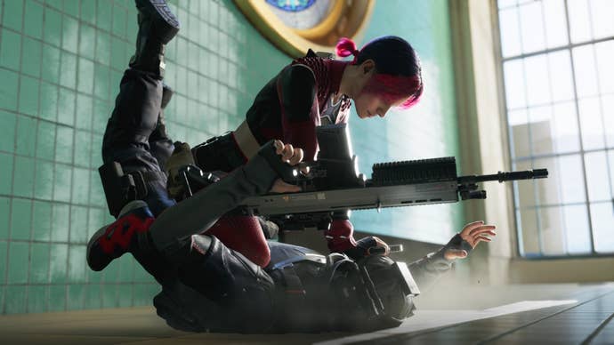 A woman throws a guard to the ground and steals their gun in Spine
