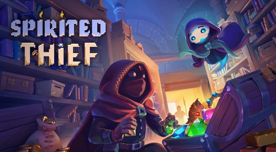 Key art from Spirited Thief with the thief and ghost looking over a treasure chest.