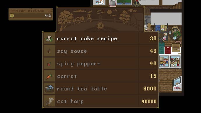 The player shops for recipes and ingredients at Song's Shop in Spirittea