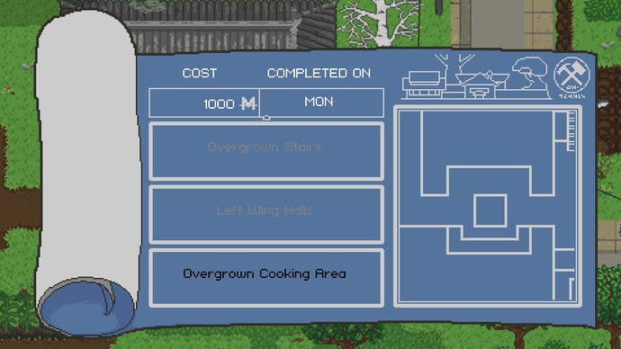 A blueprint is shown at the upgrade bench outside Fae's workshop in Spirittea, it details all of the upgrades the player can purchase for the bathhouse