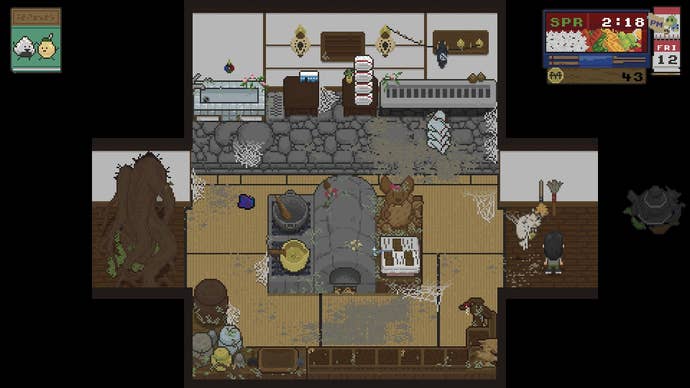 The player stands in a dirty kitchen and washroom in the bathhouse in Spirittea, facing the brooms for cleaning
