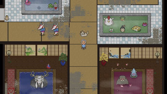 The player stands inside a fully-upgraded bathhouse full of spirits in Spirittea