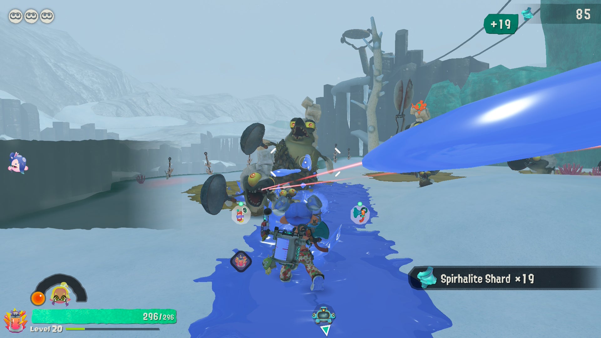 Splatoon Raiders screenshot showing you battling some weird giant alligator enemies carrying woks