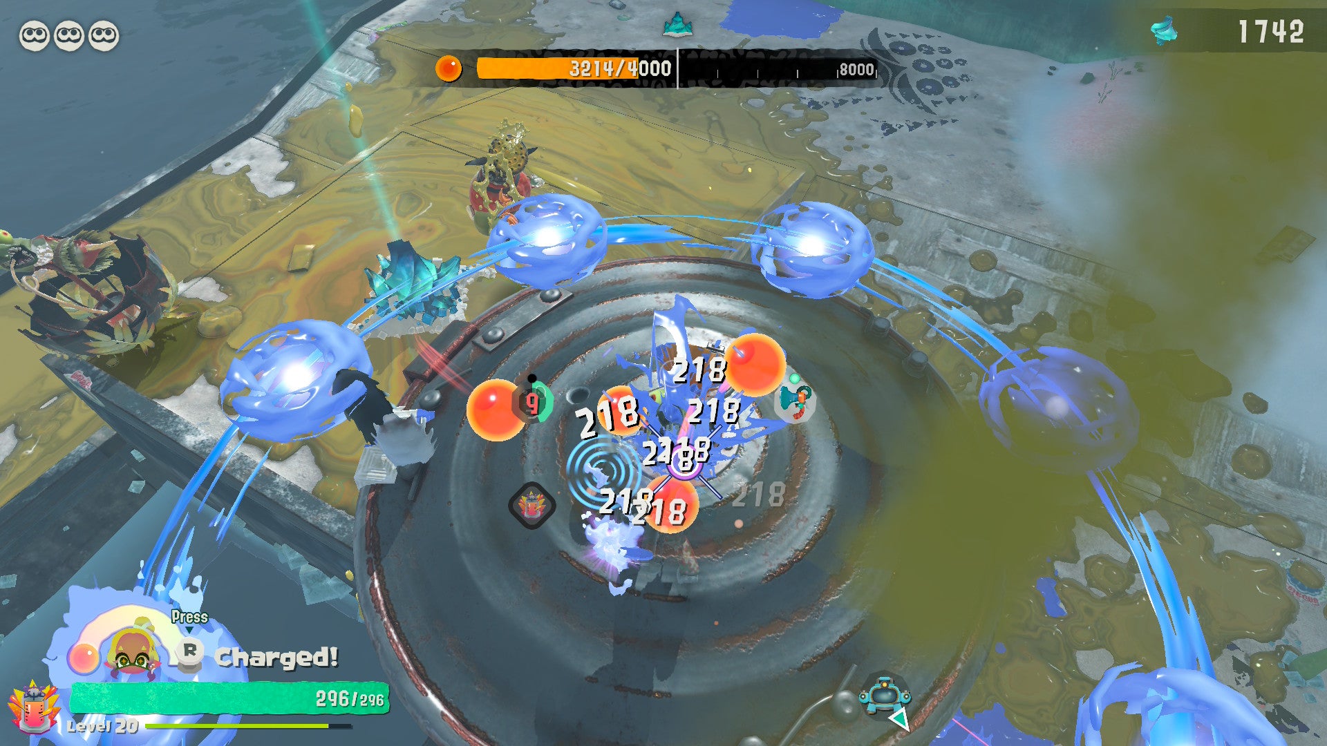 Splatoon Raiders screenshot showing damage numbers popping up as you try to complete an objective