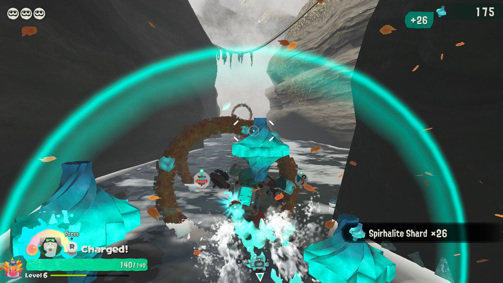 Splatoon Raiders screenshot showing a turquoise bubble around you as you surf through hoops on water