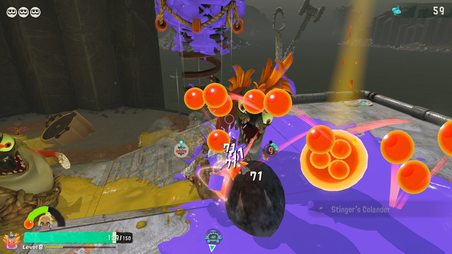 Splatoon Raiders screenshot showing you doing battle with more weird crocodile foes amongst puple paint and orange orbs