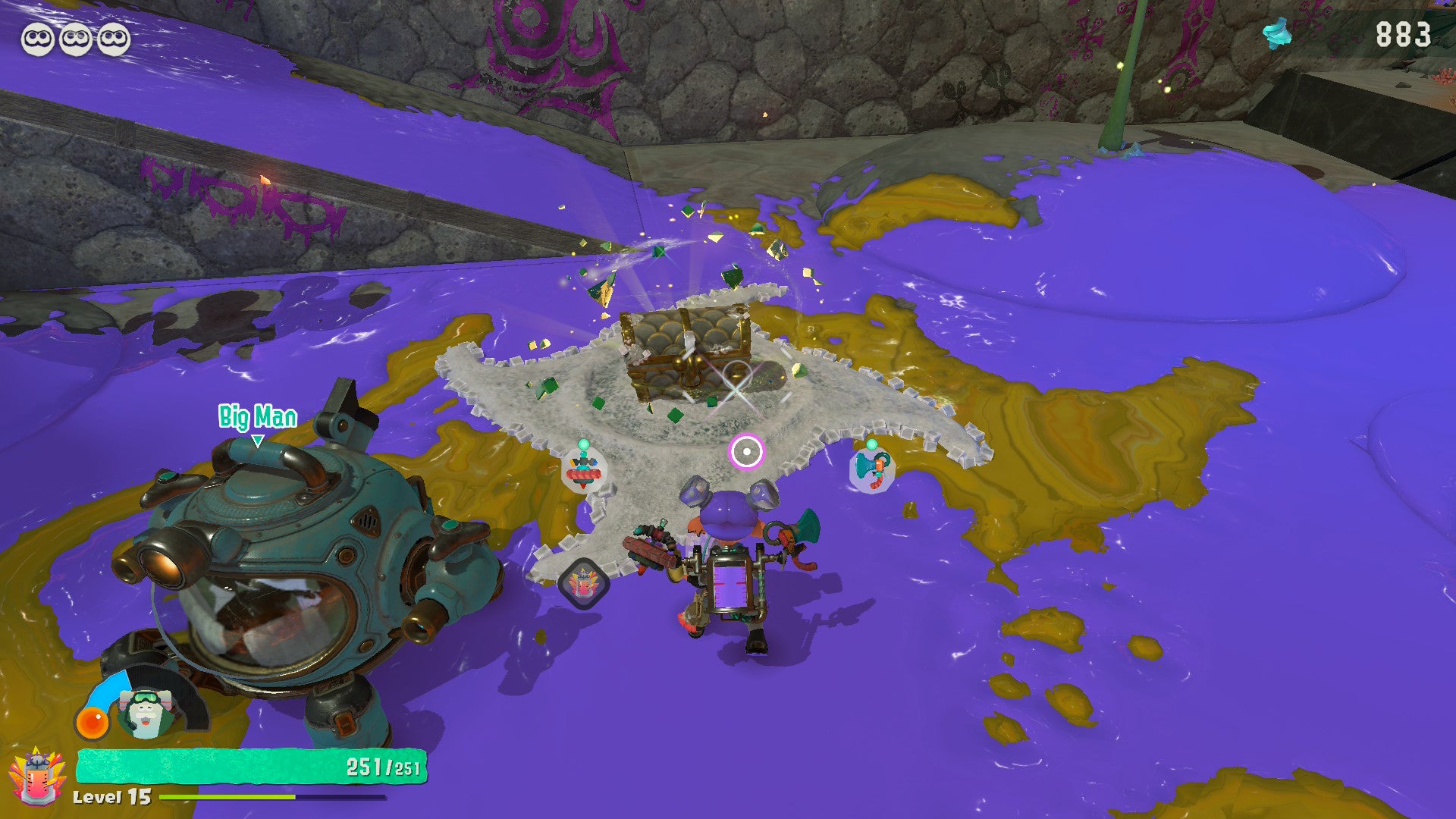 Splatoon Raiders screenshot showing you opening a chest with purple paint everywhere