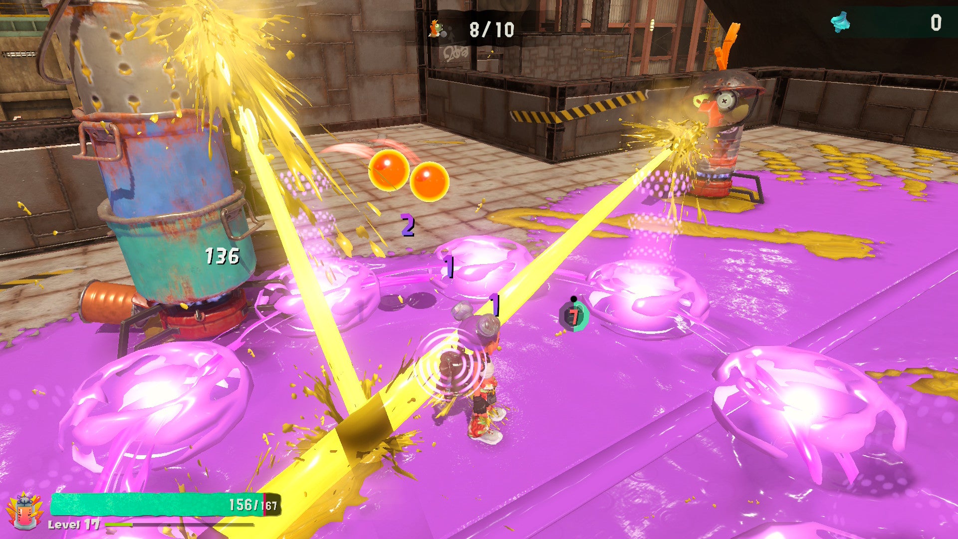 Splatoon Raiders screenshot showing you being shot at by two turrets with gold-yellow beams as you try to paint the floor pink