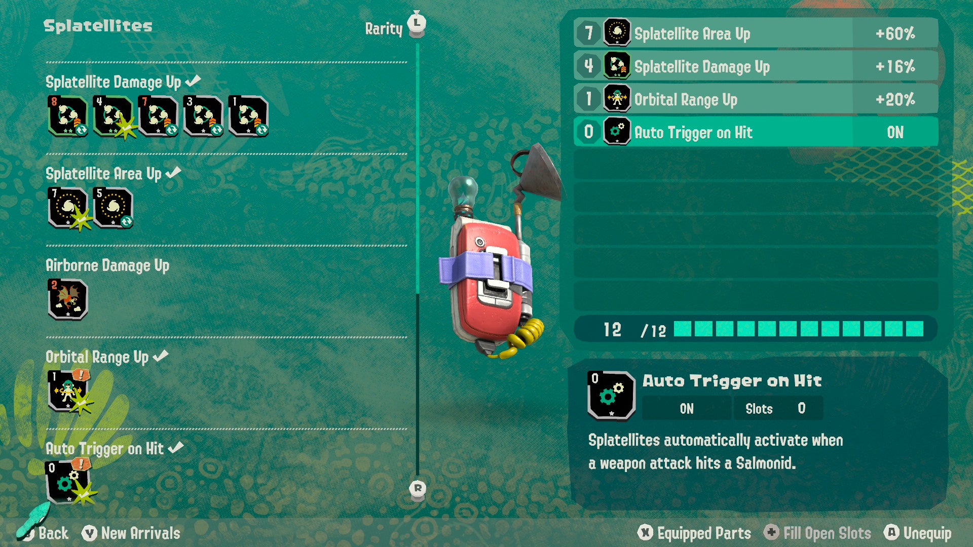 Splatoon Raiders screenshot showing an upgrade screen focusing on Splatellites with a green background