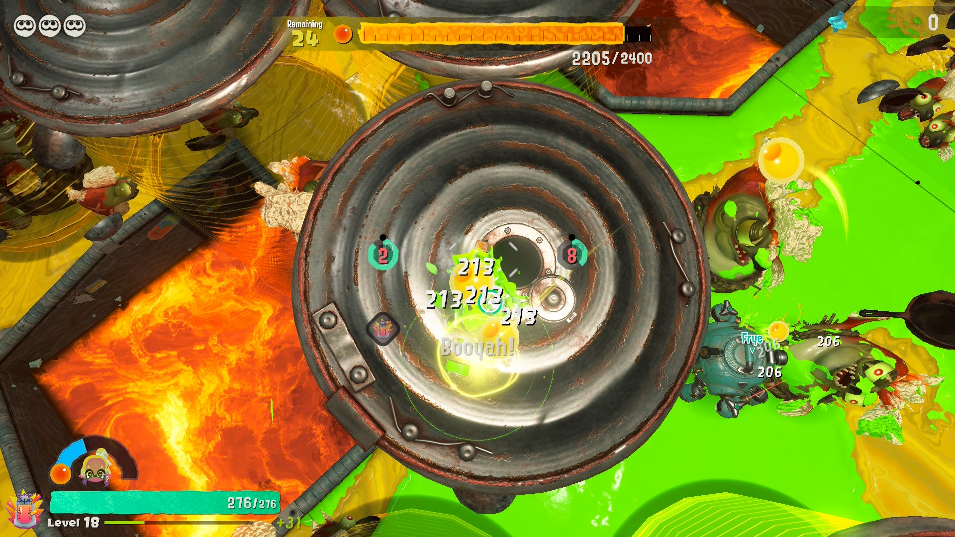 Splatoon Raiders screenshot showing an aerial view of combat chaos with green paint and a meter at the top filling up