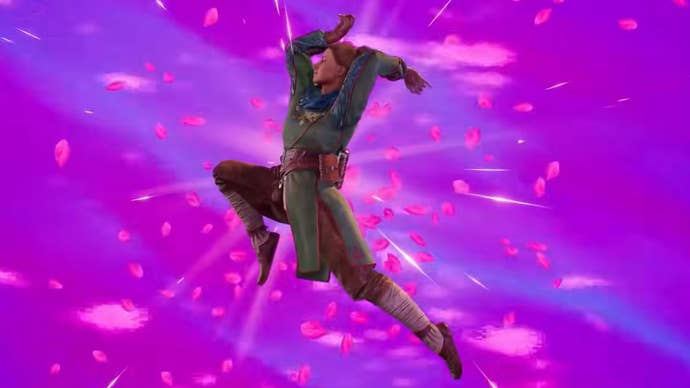 Split Fiction’s Zoe in fantasy gear dances through the air as pink blossoms burst around her