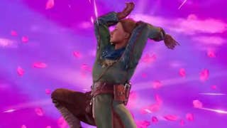 Split Fiction's Zoe in fantasy gear dances through the air as pink blossoms burst around her