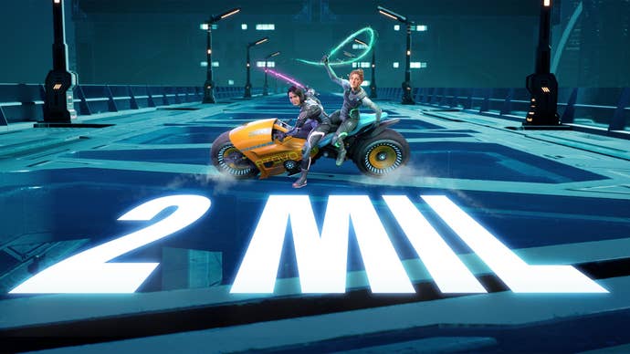 Split Fiction 2m unit image showing Mio and Zoe on the back of a motorbike in a sci-fi world