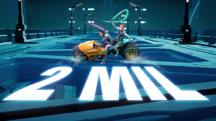 Split Fiction 2m unit image showing Mio and Zoe on the back of a motorbike in a sci-fi world