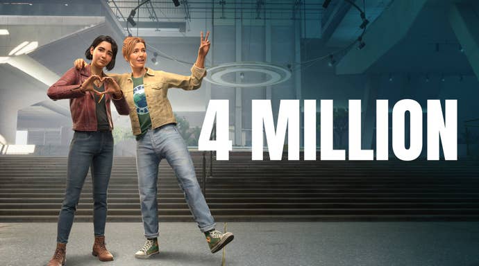 Split Fiction’s Mio and Zoe pose beside the words 4 Million