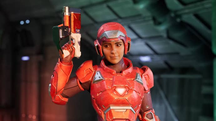 Split Fiction screenshot showing woman in red cyber suit holding up a pistol