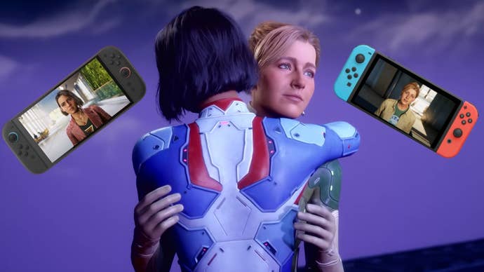 Split Fiction header image showing Mio and Zoe hugging in the centre, with a Switch 2 console on the left with an image of Mio and a OG Switch on the right with Zoe on the screen