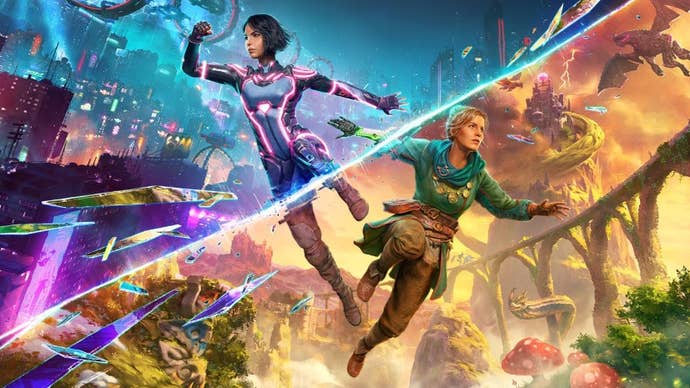 Split Fiction key art showing Mio and Zoe with their sci fi and fantasy worlds split down the middle