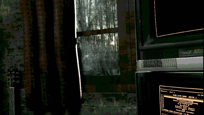 A dank country containing an aged machine and a guitar with the presumption of a wood extracurricular a soiled window.