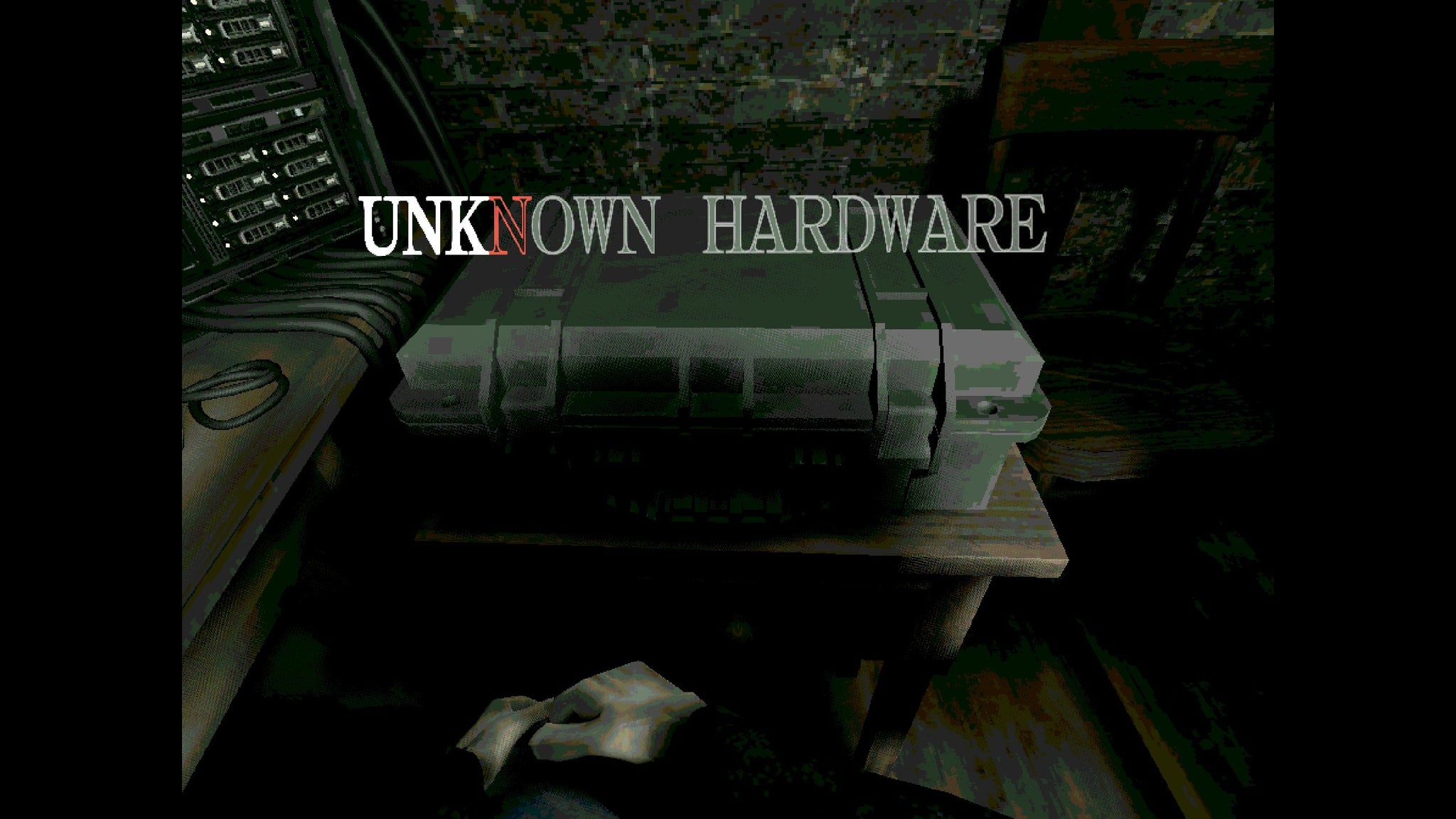 The words 'unknown hardware' float above a hard case in horror game S.p.l.i.t. - 5
