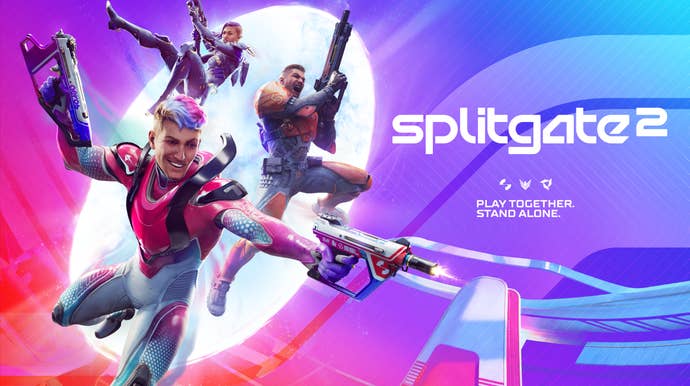 Key art for Splitgate 2, showing three gun-wielding characters jumping through a portal
