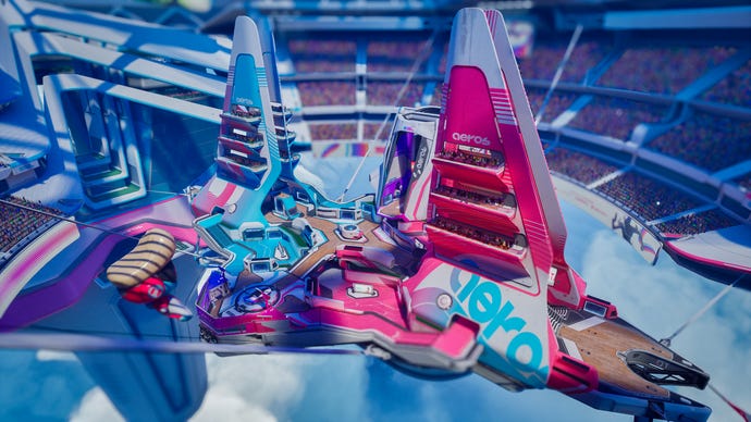 An aerial view of a pink and blue combat stadium in Splitgate 2, with large triangular structures