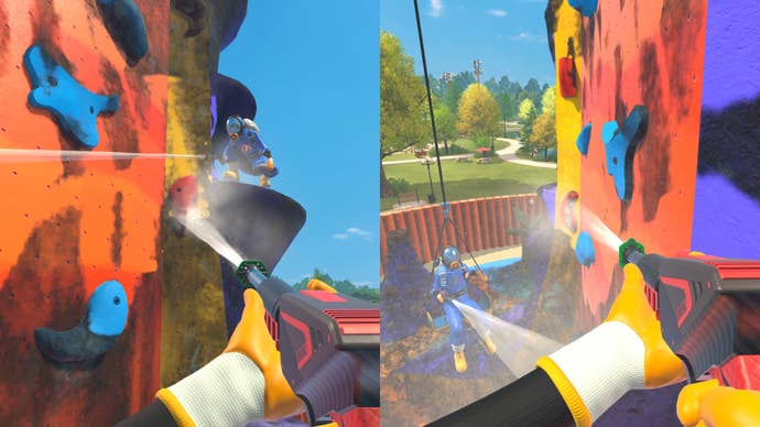 Powerwash Simulator 2 official screenshot showing a rock climbing park wall in splitscreen