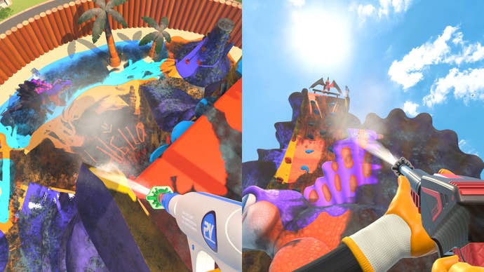 Powerwash Simulator 2 official screenshot showing a rock climbing park from top and bottom of the peak in splitscreen
