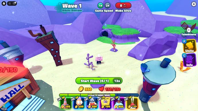 The player stands between the City Hall and a small purple cave in the Bikini Bottom event stage in Roblox’s SpongeBob Tower Defense The Hunt quest