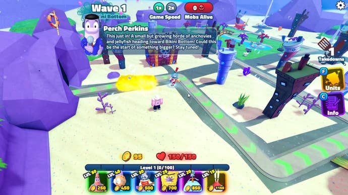 The player participates in the event stage - Bikini Bottom Chumaggedon -in Roblox’s SpongeBob Tower Defense The Hunt quest