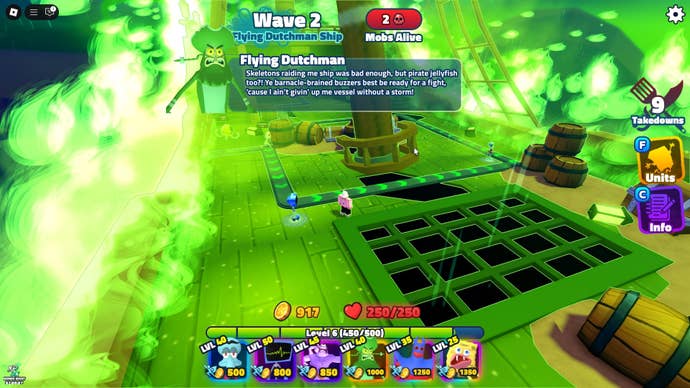 The player participates in the second event stage, aboard the Flying Dutchman’s ship, in Roblox’s SpongeBob Tower Defense The Hunt quest