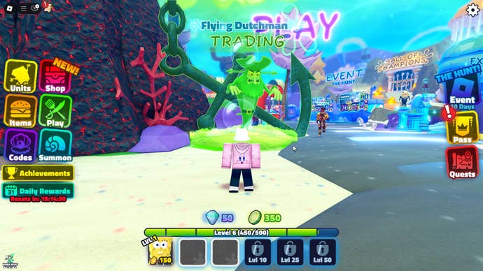 The player faces the Trading area in Roblox’s SpongeBob Tower Defense The Hunt quest, where the Flying Dutchman is standing