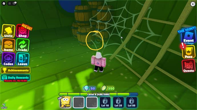 The player, in the lower level of the Flying Dutchman’s ship, looks towards a key hidden between some barrels in Roblox’s SpongeBob Tower Defense The Hunt quest