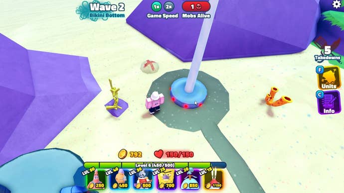 The player looks at a red cross marking a dig spot in the Bikini Bottom event stage in Roblox’s SpongeBob Tower Defense The Hunt quest