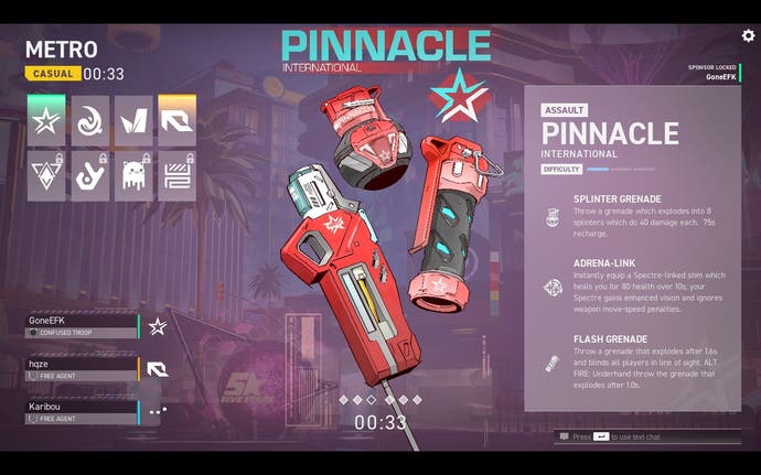 Sponsor selection screen, showing the abilities offered by Pinnacle: Fragmentation Grenade, Healing Stimulant, and Flash Grenade.