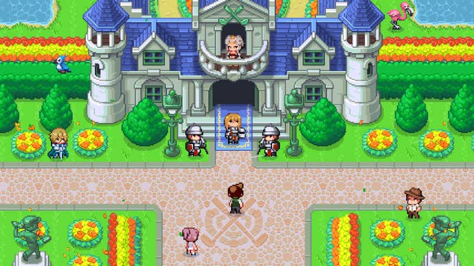 The player and other characters stand outside a castle in Sports Story
