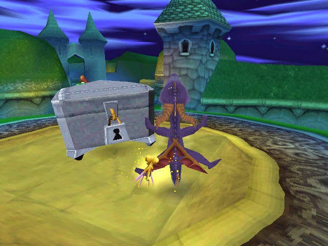 Spyro the Dragon jumps toward a chest with Sparx beside him