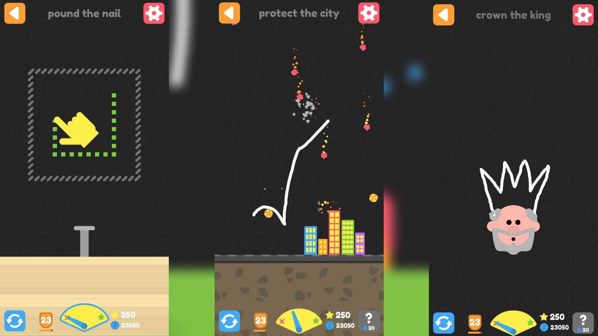 Three different levels from puzzle game Squiggle Drop are shown - 28