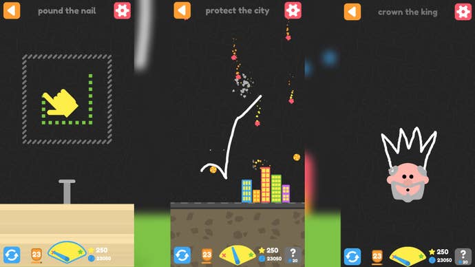 Three different levels from puzzle game Squiggle Drop are shown