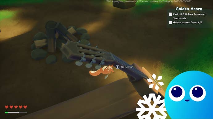 A squirrel climbs a guitar in the Squirreled Away demo.